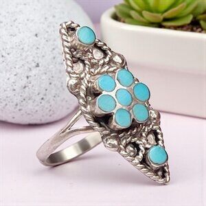 Vintage Sterling Silver Turquoise Cluster Ring Marquise Floral Design 925 Size 7